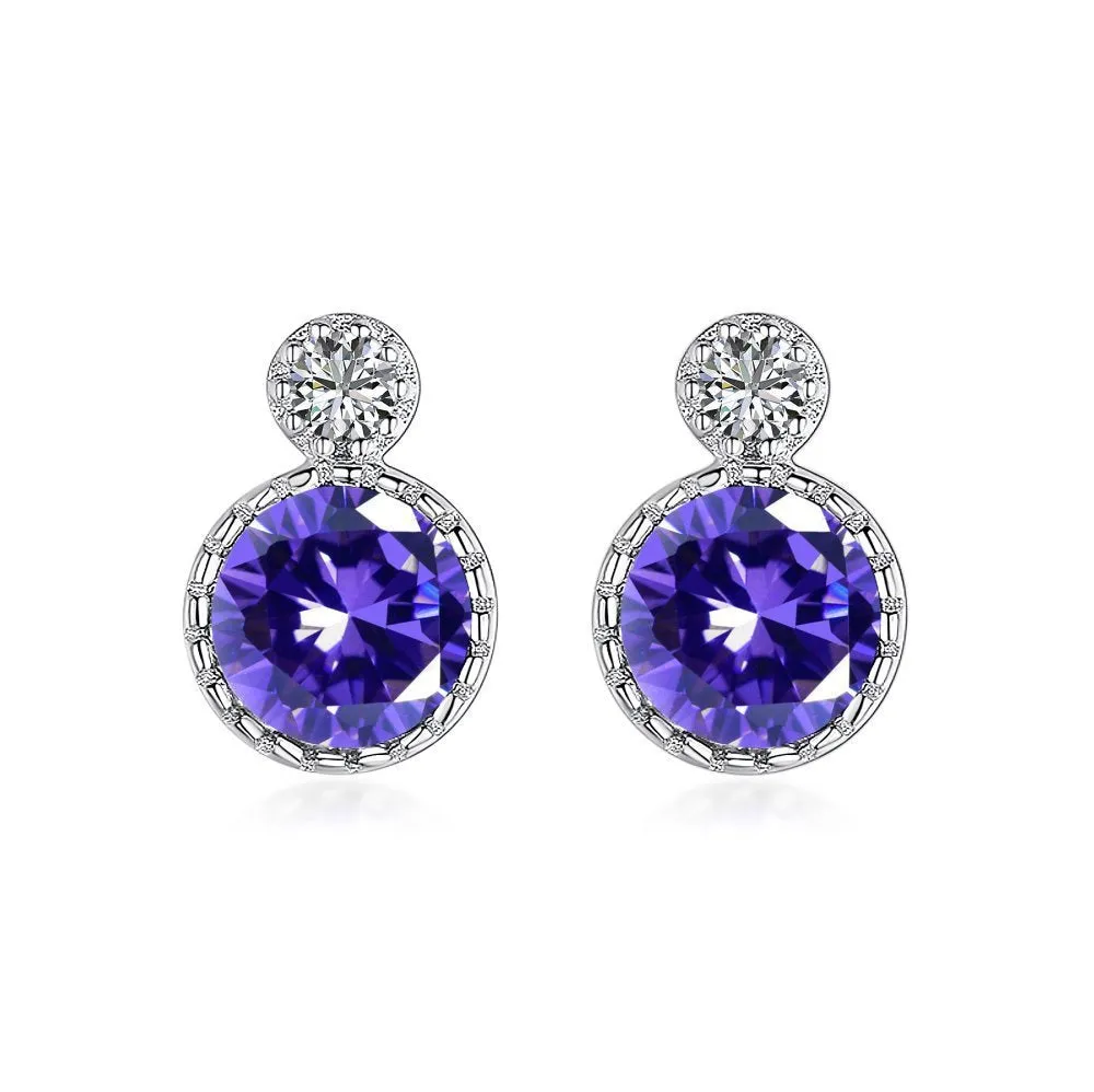 925 sterling silver geometric round stud earrings for women, electroplated finish, pair of two silver tone studs.