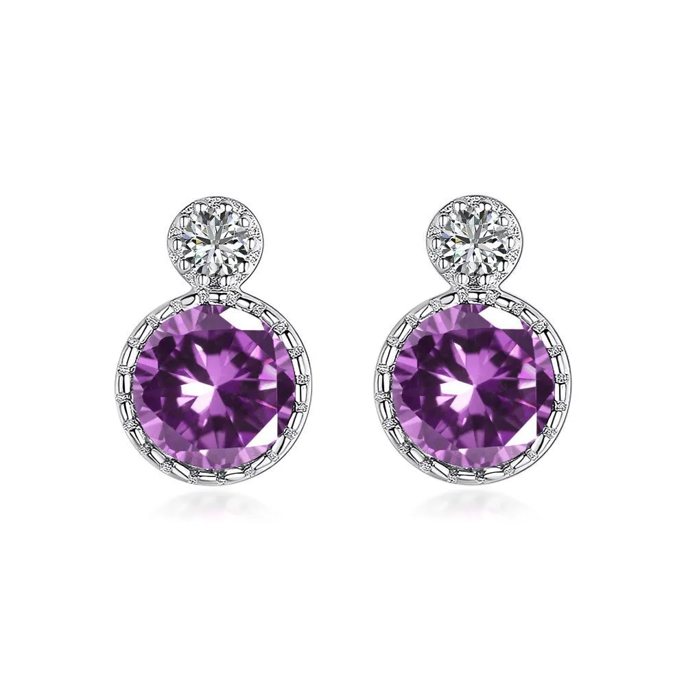 925 sterling silver geometric round stud earrings for women, electroplated finish, pair of two silver tone studs.