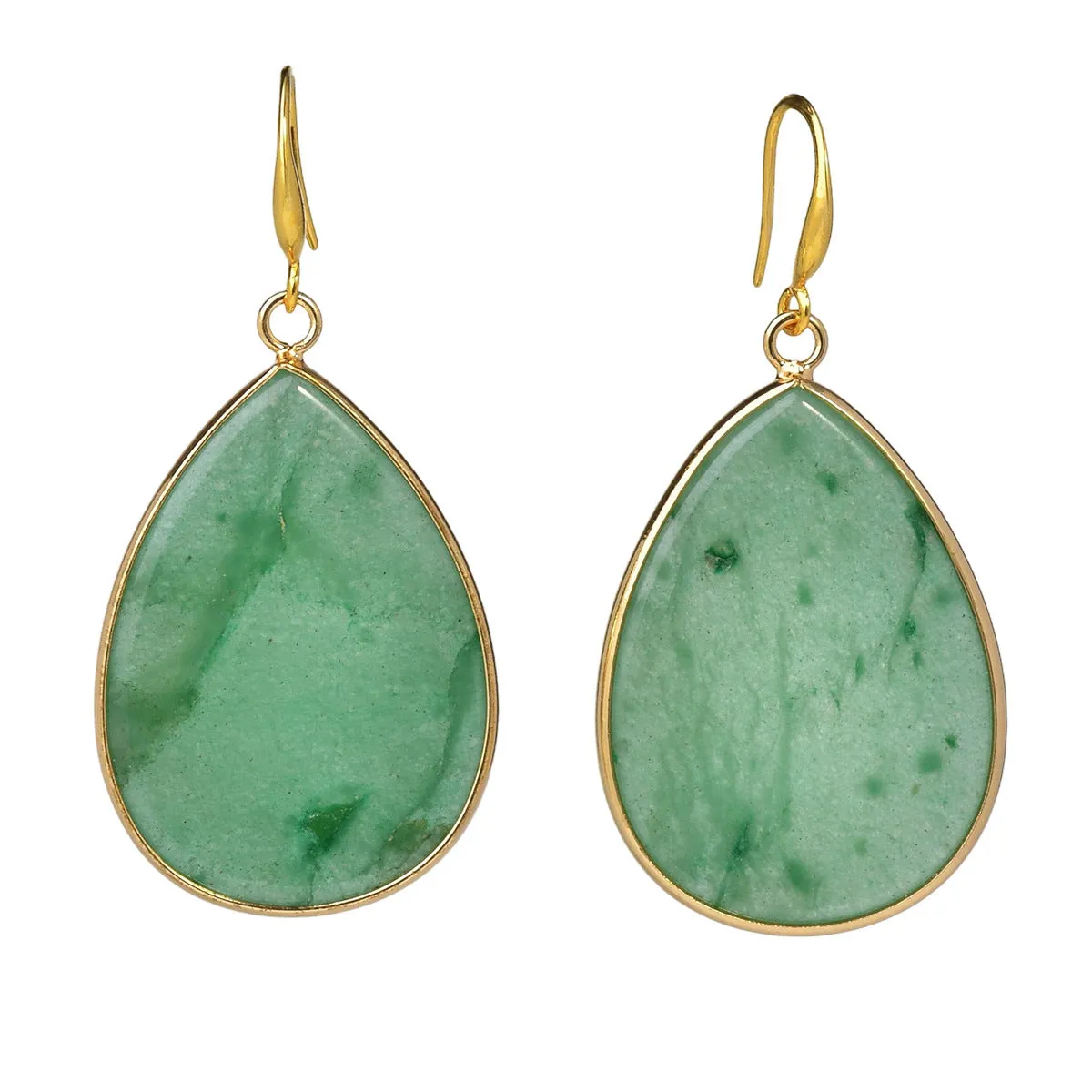 Women's retro-style drop earrings with a natural stone pendant in green aventurine on electroplated settings.