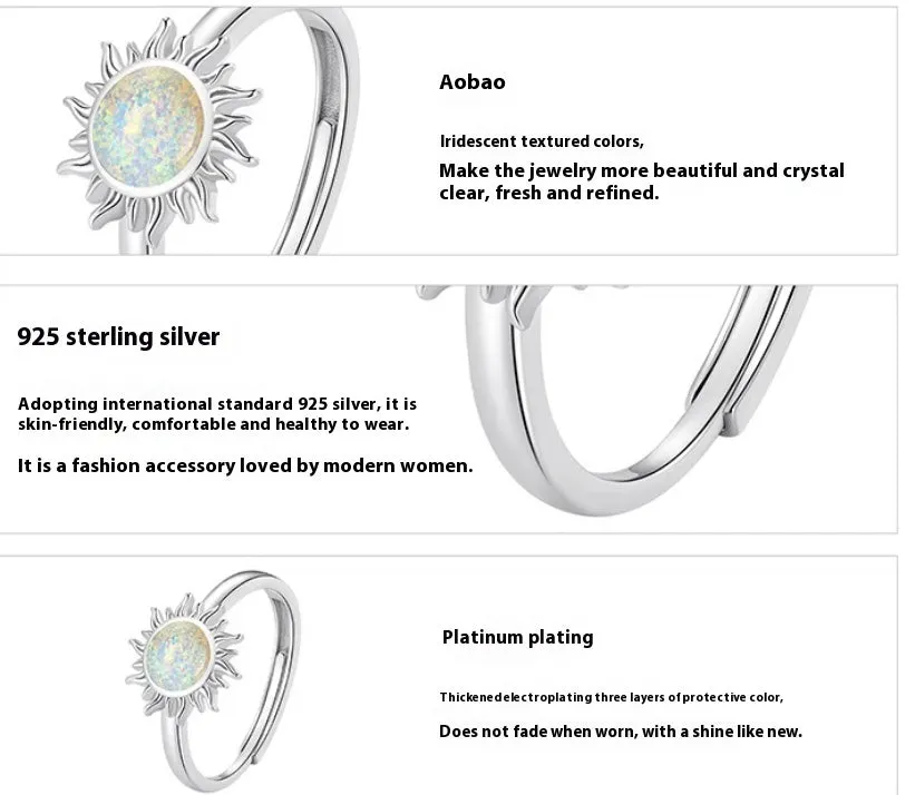 Adjustable 925 sterling silver ring with inlaid gemstone, silver colour, for women