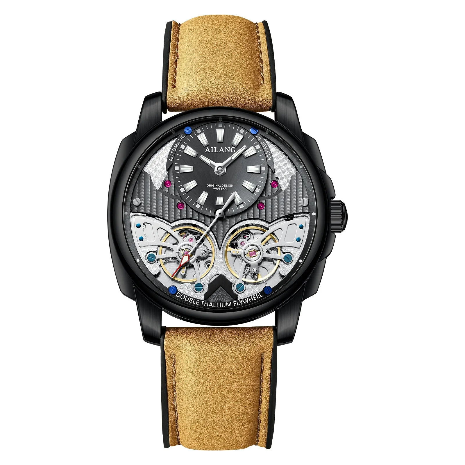 Automatic mechanical double tourbillon men's watch silver case black dial grey leather strap