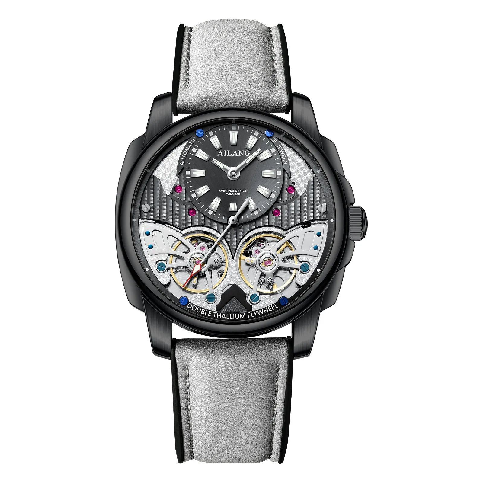 Automatic mechanical double tourbillon men's watch silver case black dial grey leather strap