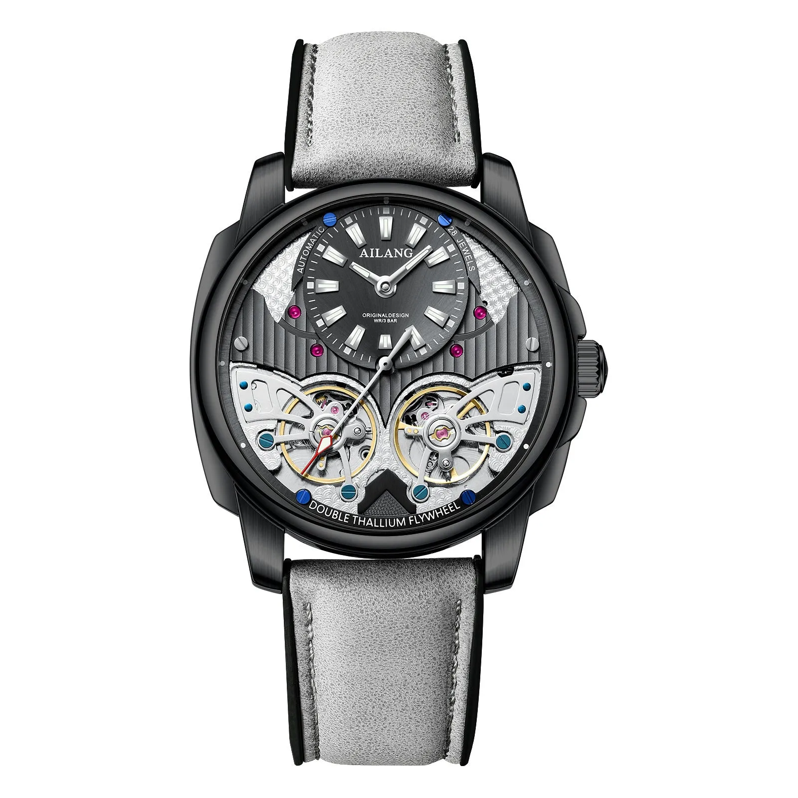 Automatic mechanical double tourbillon men's watch silver case black dial grey leather strap