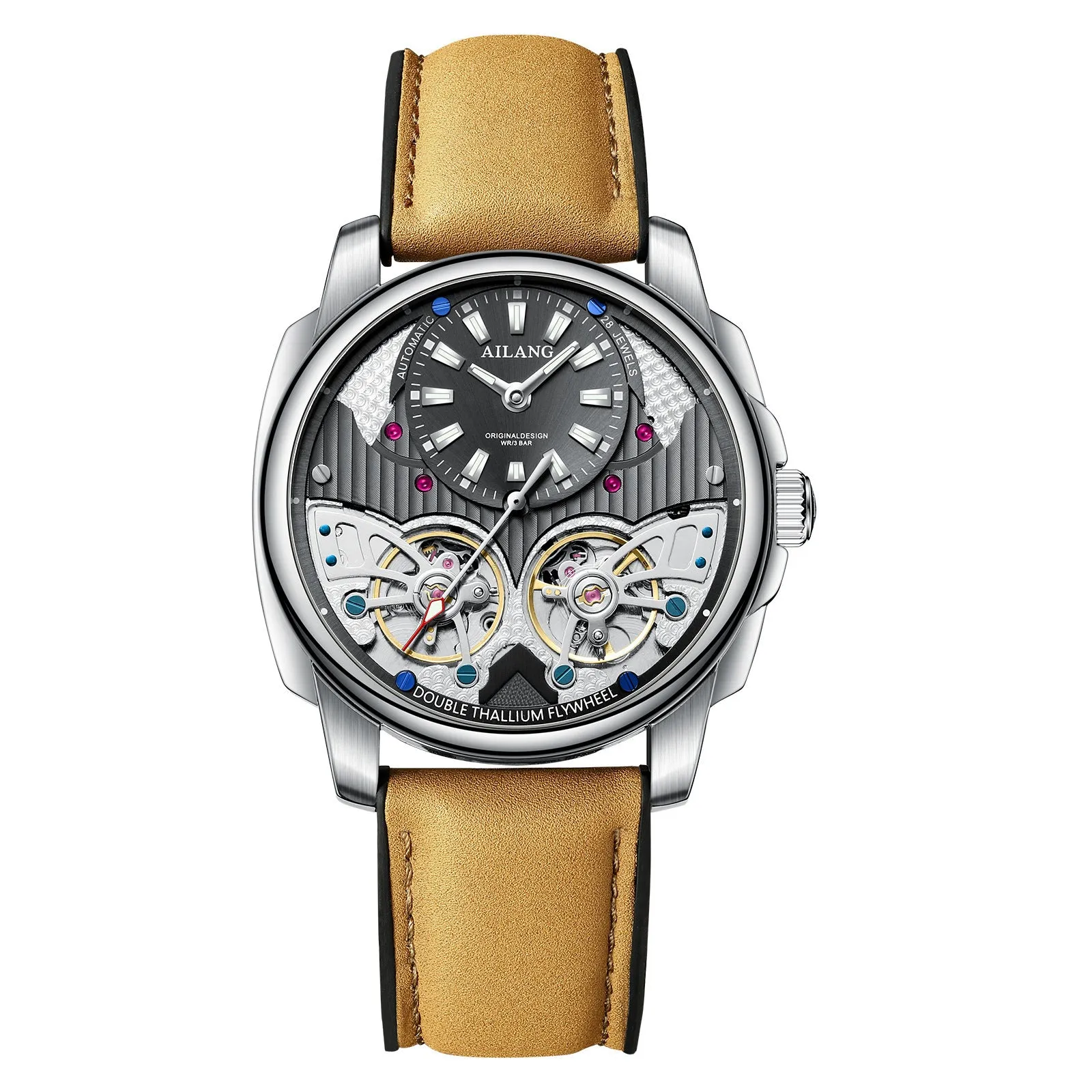 Automatic mechanical double tourbillon men's watch silver case black dial grey leather strap