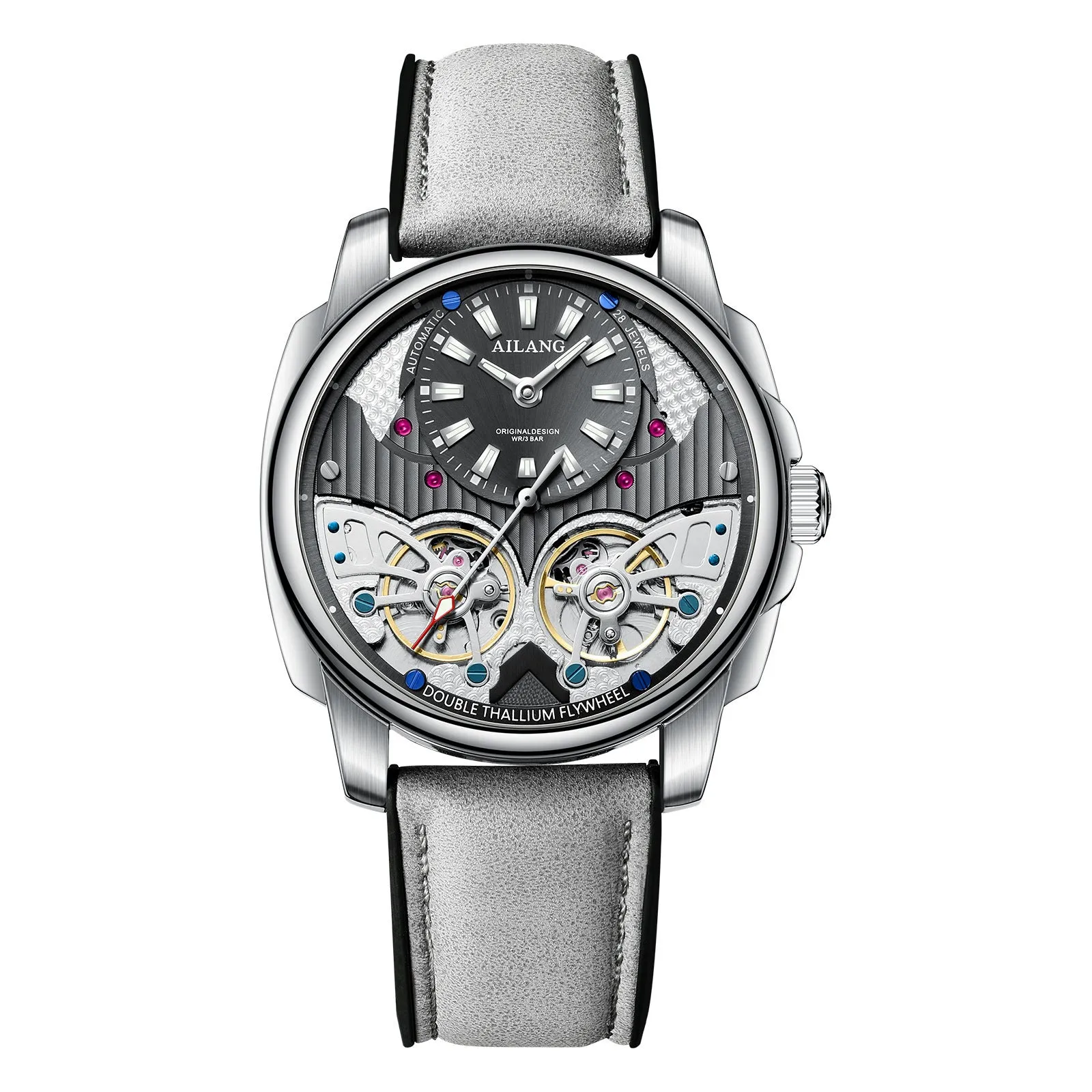 Automatic mechanical double tourbillon men's watch silver case black dial grey leather strap
