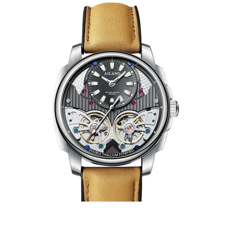 Automatic mechanical double tourbillon men's watch silver case black dial grey leather strap