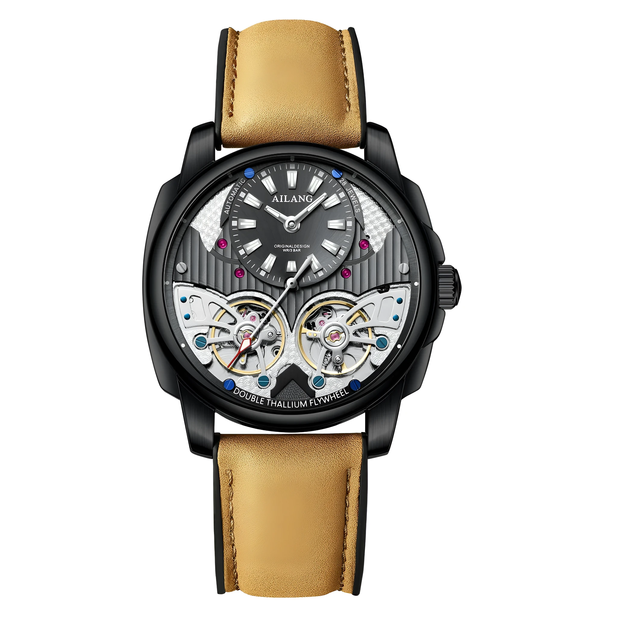 Automatic mechanical double tourbillon men's watch silver case black dial grey leather strap