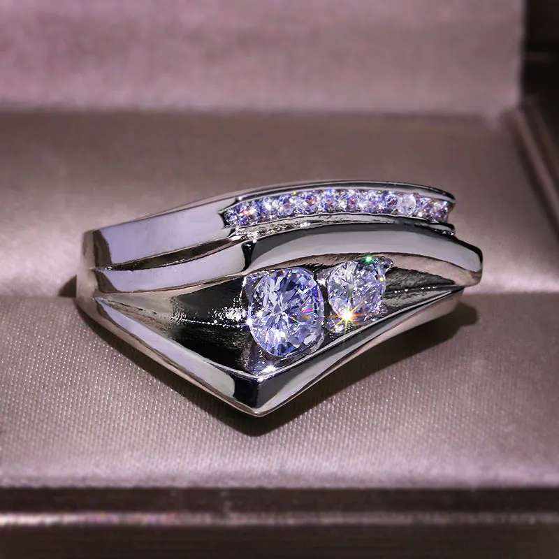 Women's geometric three-dimensional half-edge heart ring with micro inlaid zircon in brass electrical degree white steel