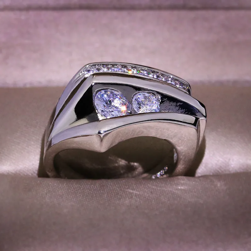 Women's geometric three-dimensional half-edge heart ring with micro inlaid zircon in brass electrical degree white steel