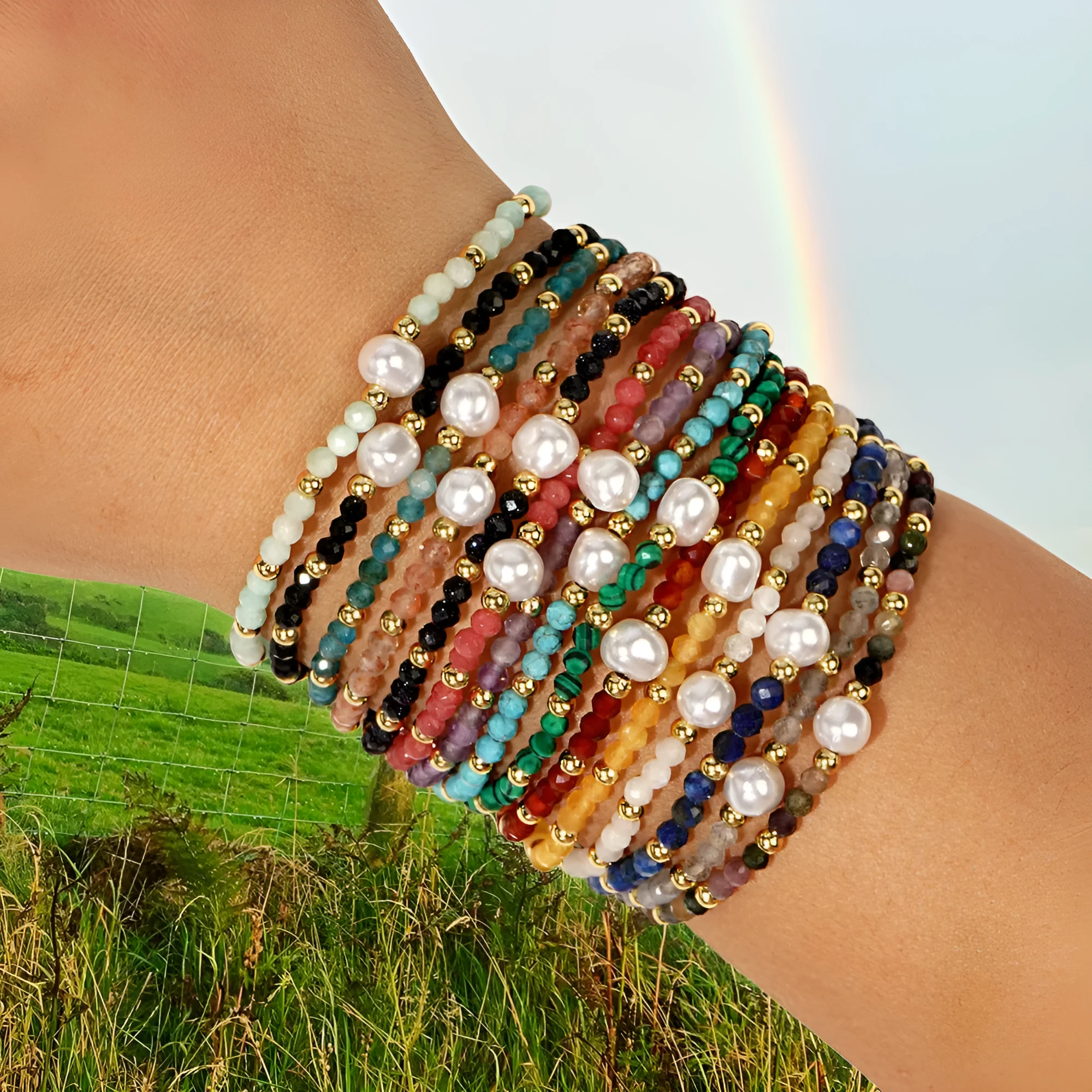 A unisex natural stone bracelet with elliptical geometric beads on a wrist, shown in one of the multiple available colours.