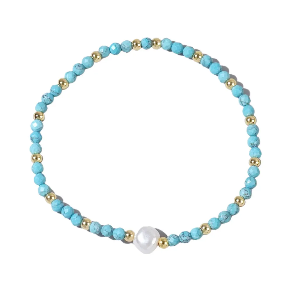 A unisex natural stone bracelet with elliptical geometric beads on a wrist, shown in one of the multiple available colours.