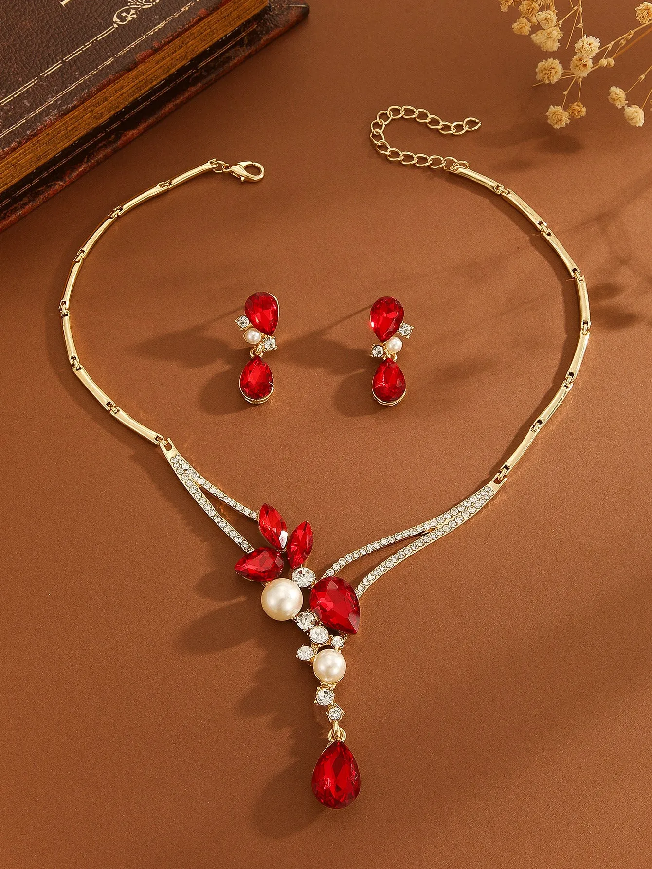 Colourful Indian style alloy pearl earrings and necklace set for women