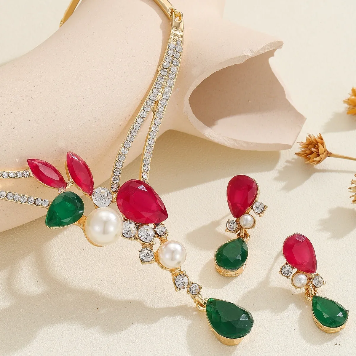 Colourful Indian style alloy pearl earrings and necklace set for women