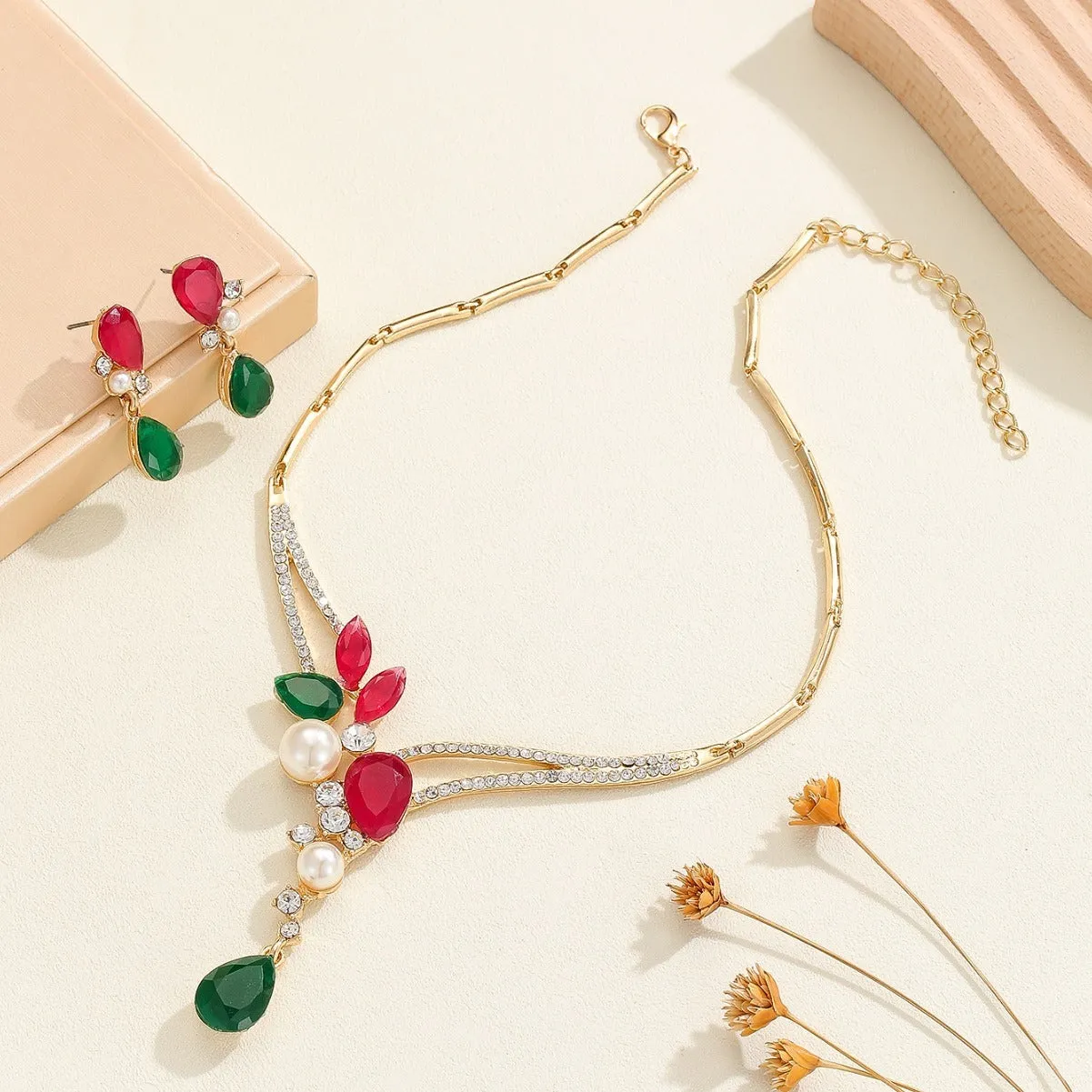 Colourful Indian style alloy pearl earrings and necklace set for women
