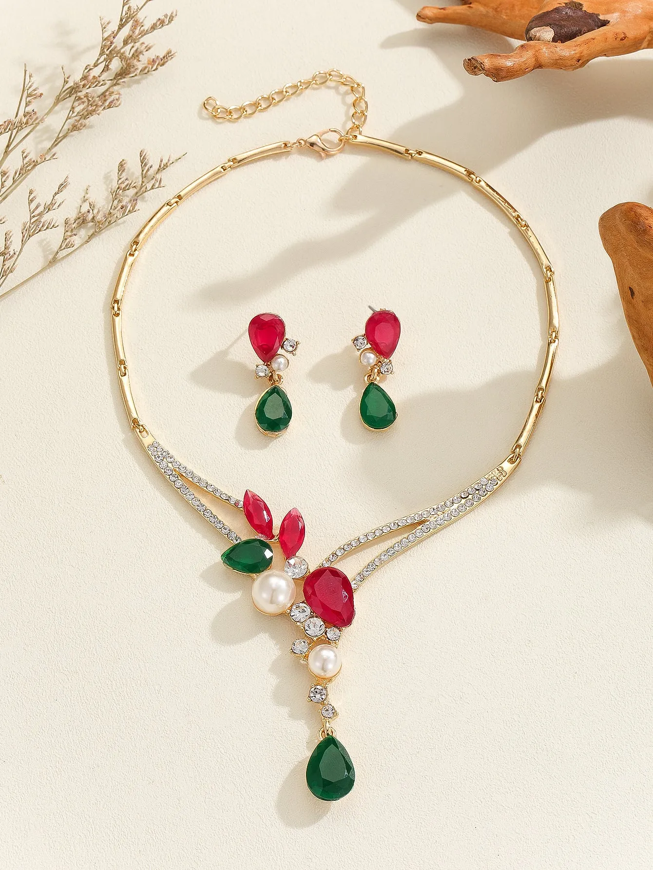 Colourful Indian style alloy pearl earrings and necklace set for women
