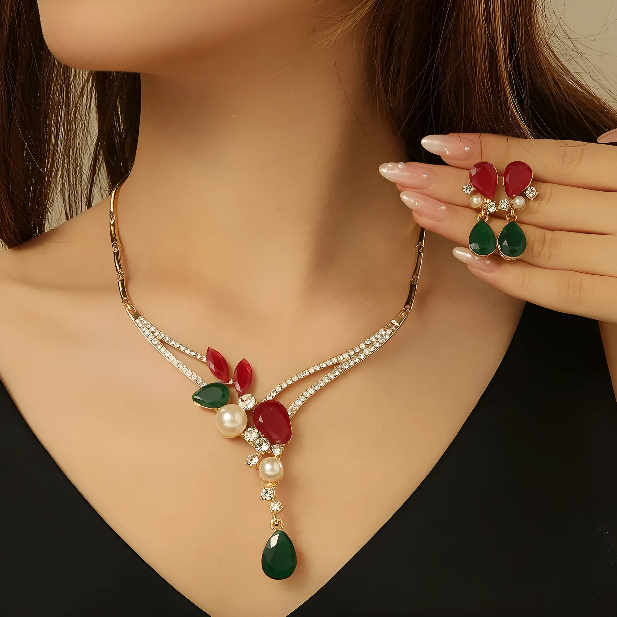 Colourful Indian style alloy pearl earrings and necklace set for women