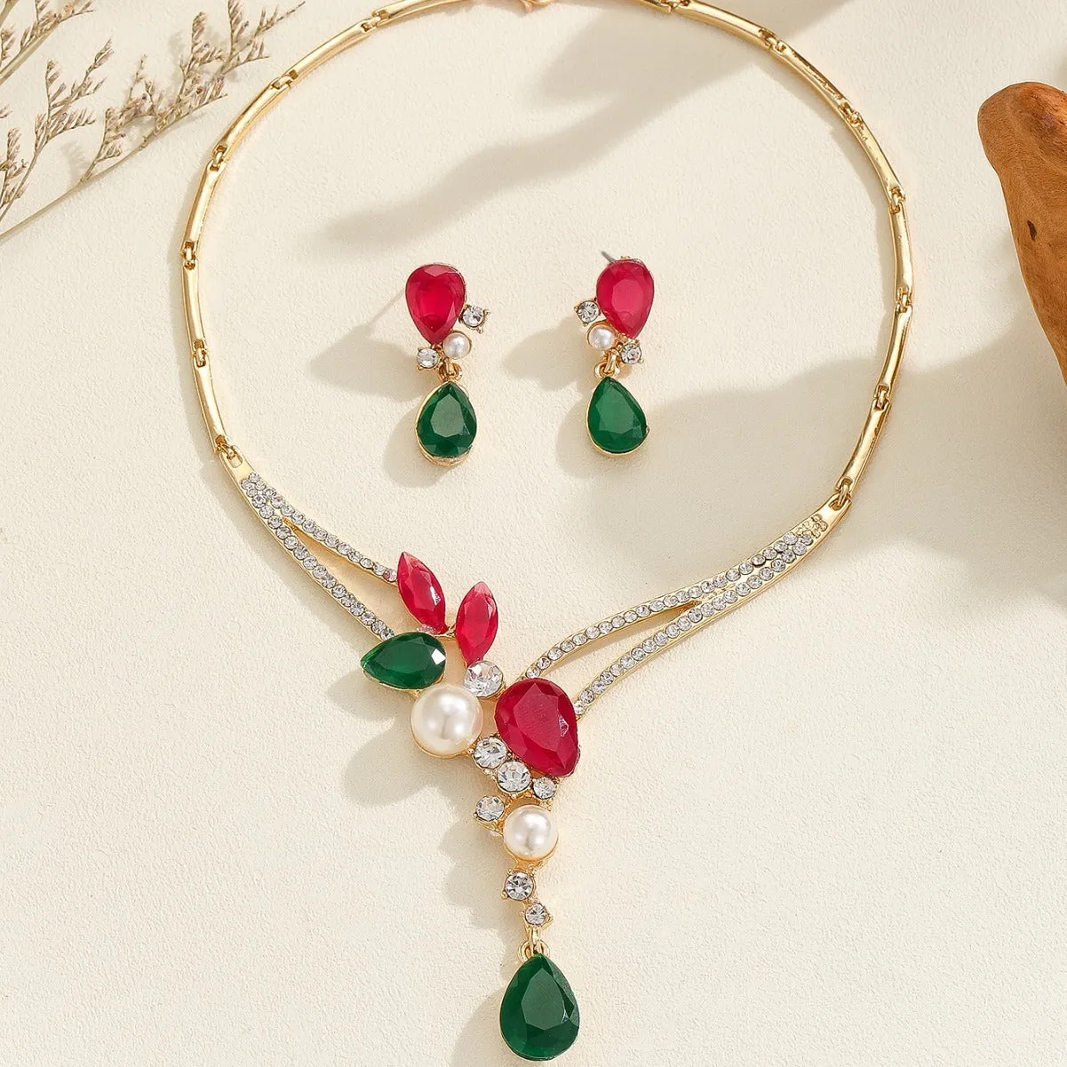 Colourful Indian style alloy pearl earrings and necklace set for women
