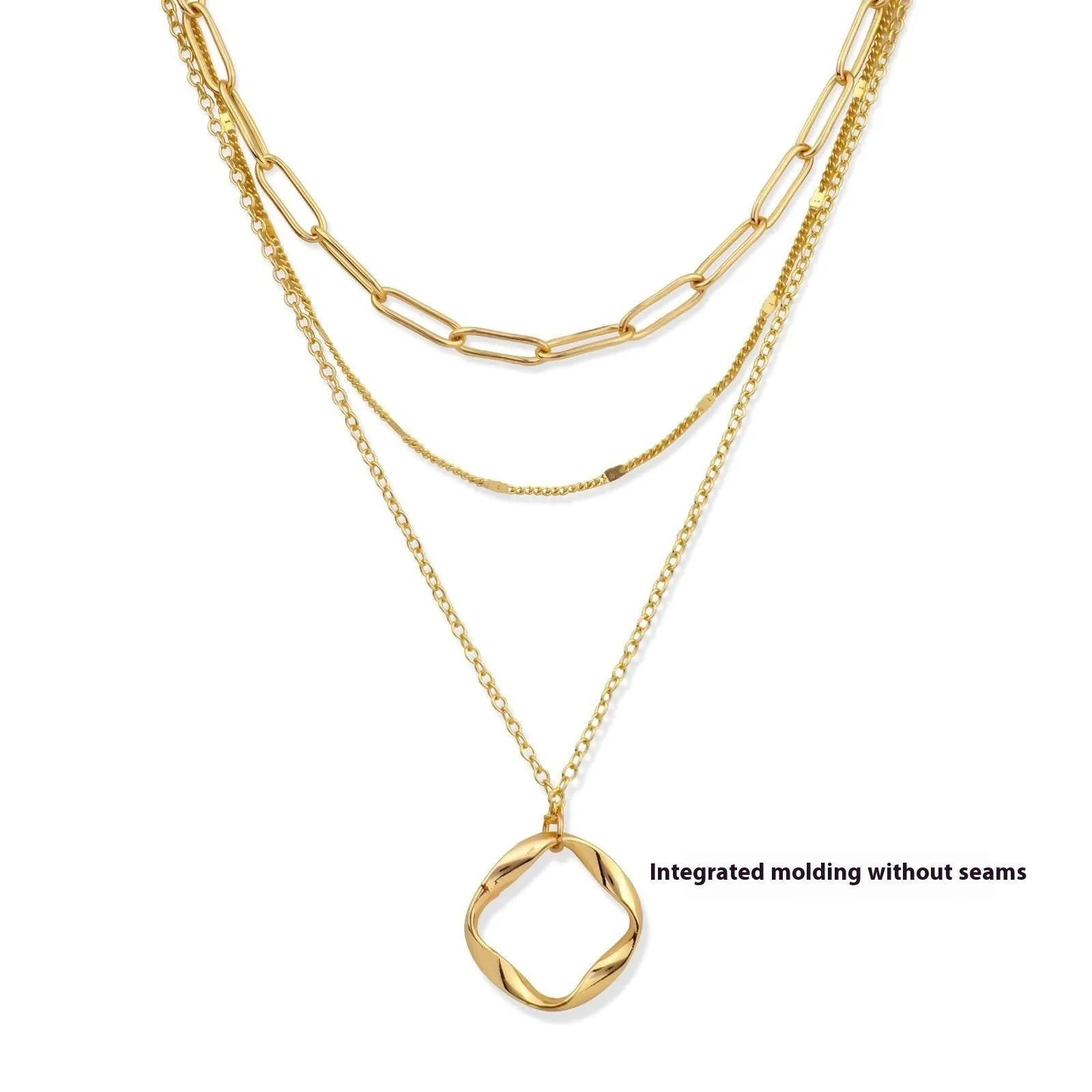 Copper electroplated layered clip necklace with circle pendant in gold finish