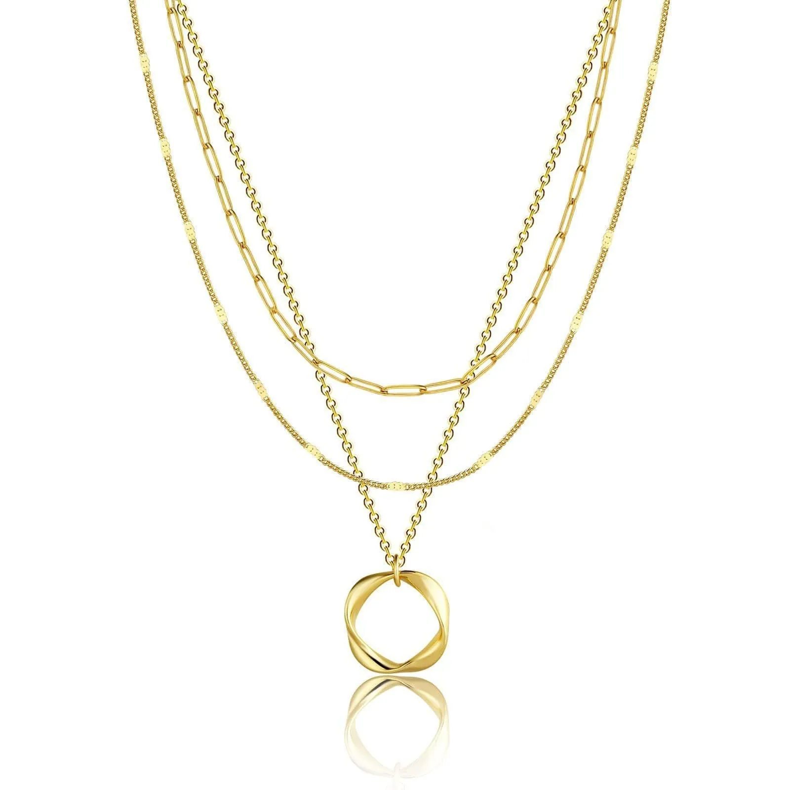 Copper electroplated layered clip necklace with circle pendant in gold finish