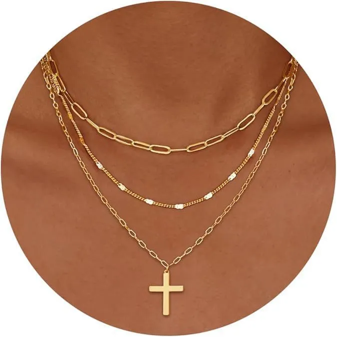 Copper electroplated layered clip necklace with circle pendant in gold finish