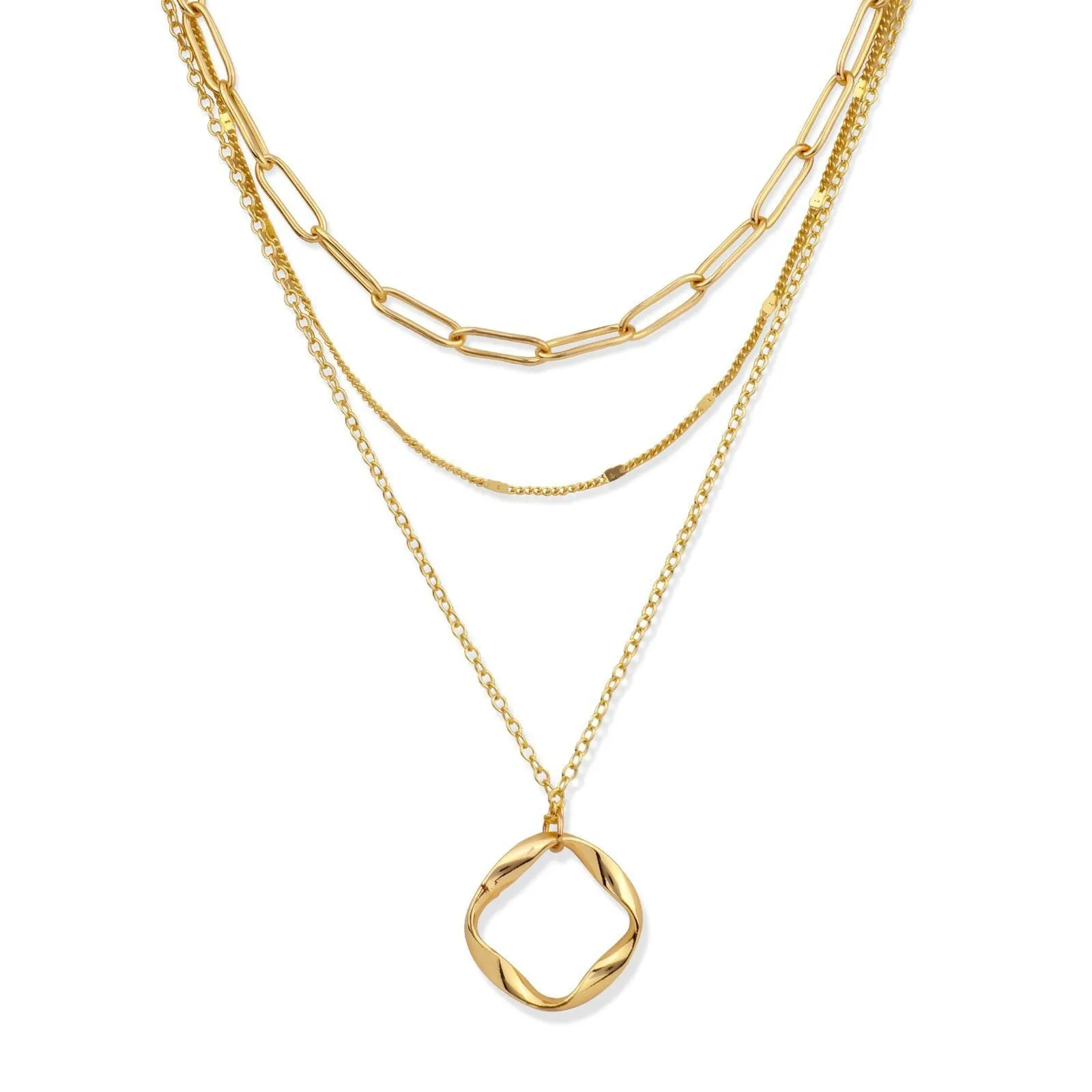 Copper electroplated layered clip necklace with circle pendant in gold finish