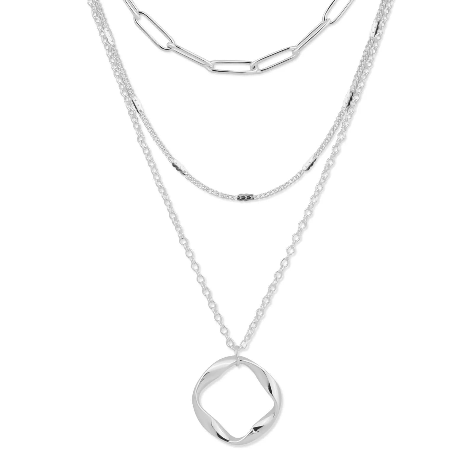 Copper electroplated layered clip necklace with circle pendant in gold finish