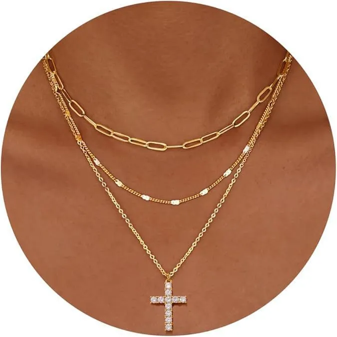 Copper electroplated layered clip necklace with circle pendant in gold finish