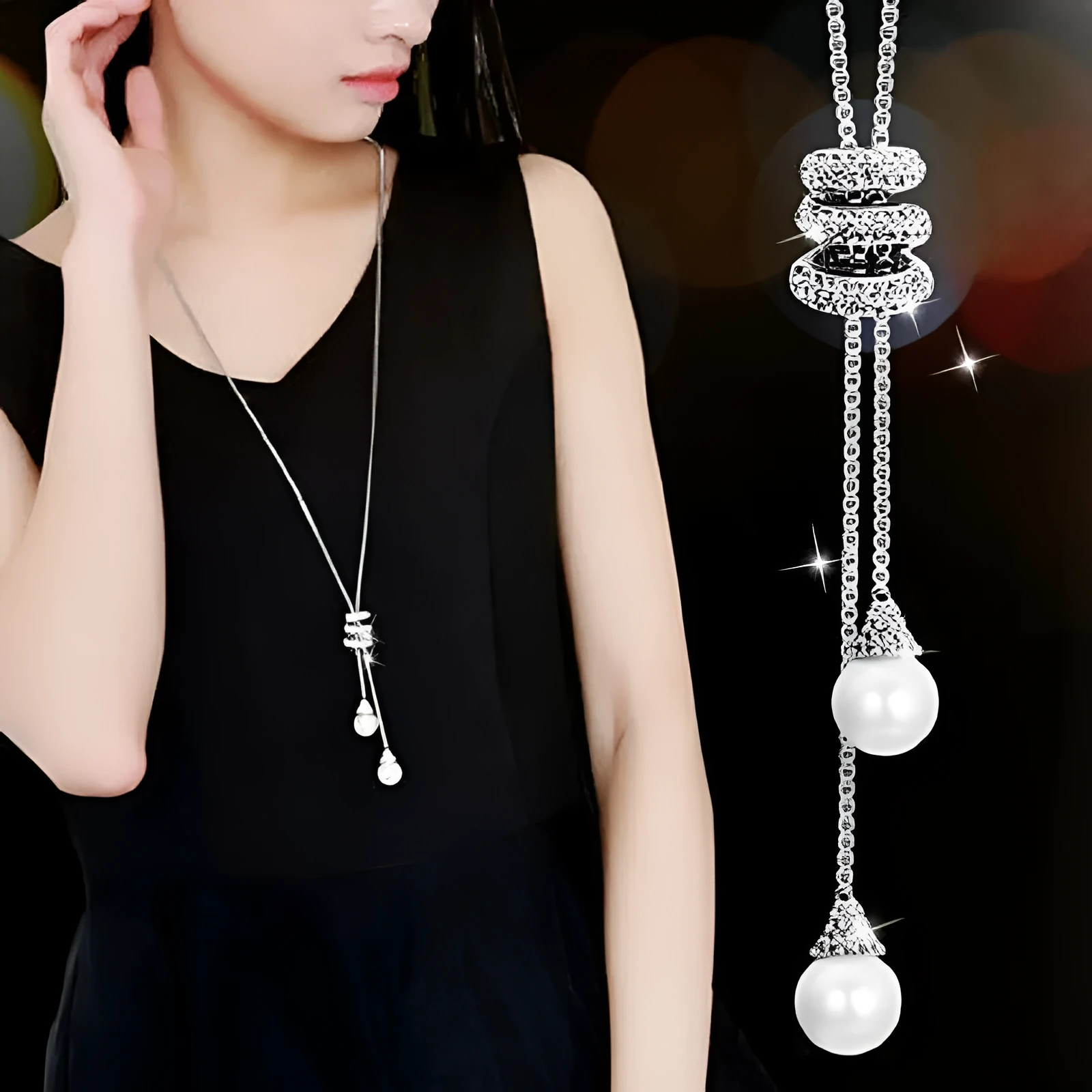 Alloy pearl necklace with twin-strand bamboo chain in silver finish