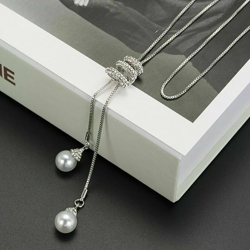 Alloy pearl necklace with twin-strand bamboo chain in silver finish