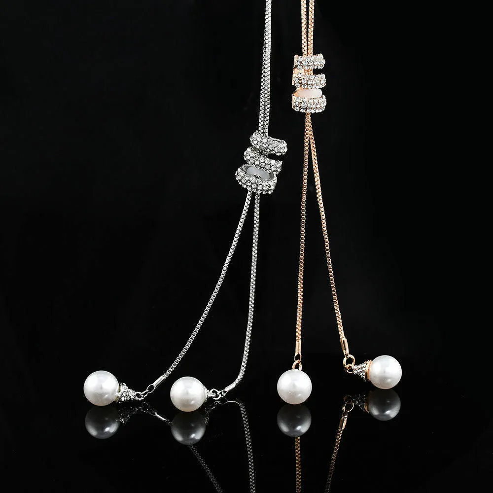 Alloy pearl necklace with twin-strand bamboo chain in silver finish