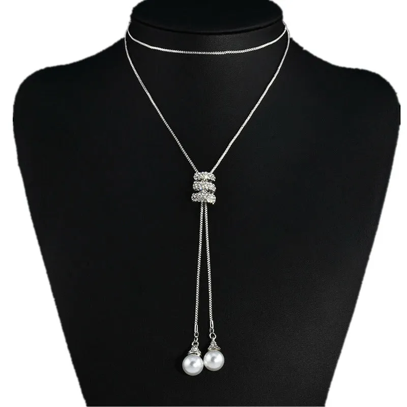 Alloy pearl necklace with twin-strand bamboo chain in silver finish