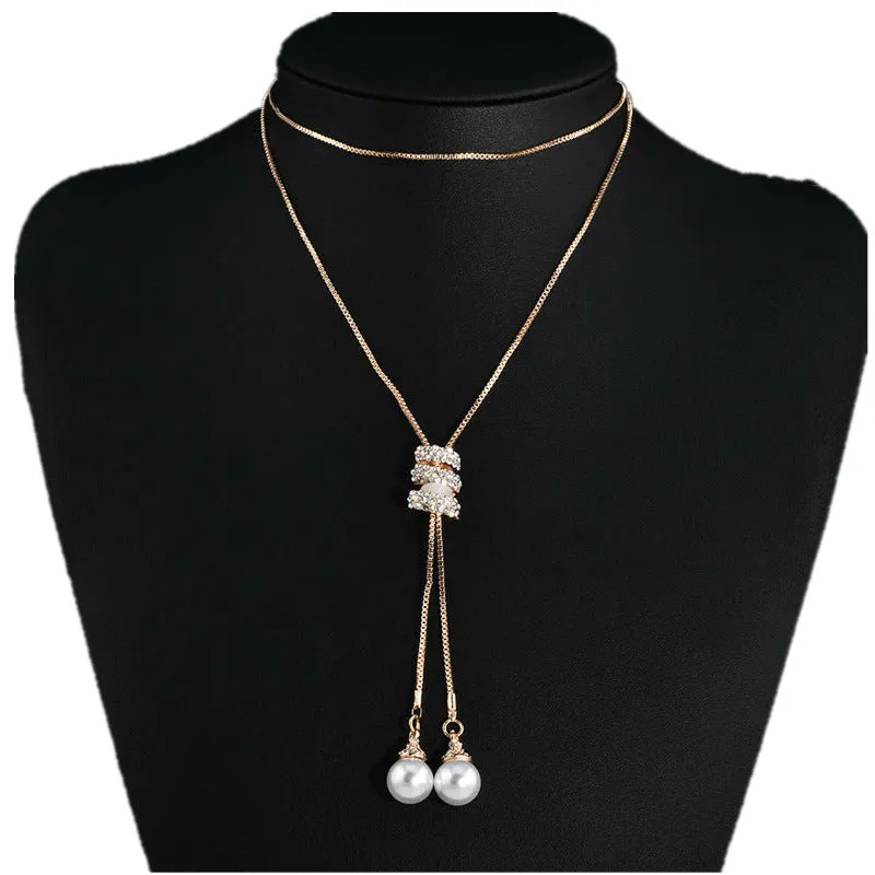 Alloy pearl necklace with twin-strand bamboo chain in silver finish