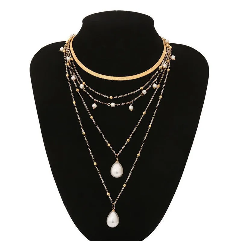 Alloy pearl necklace with twin-strand bamboo chain in silver finish
