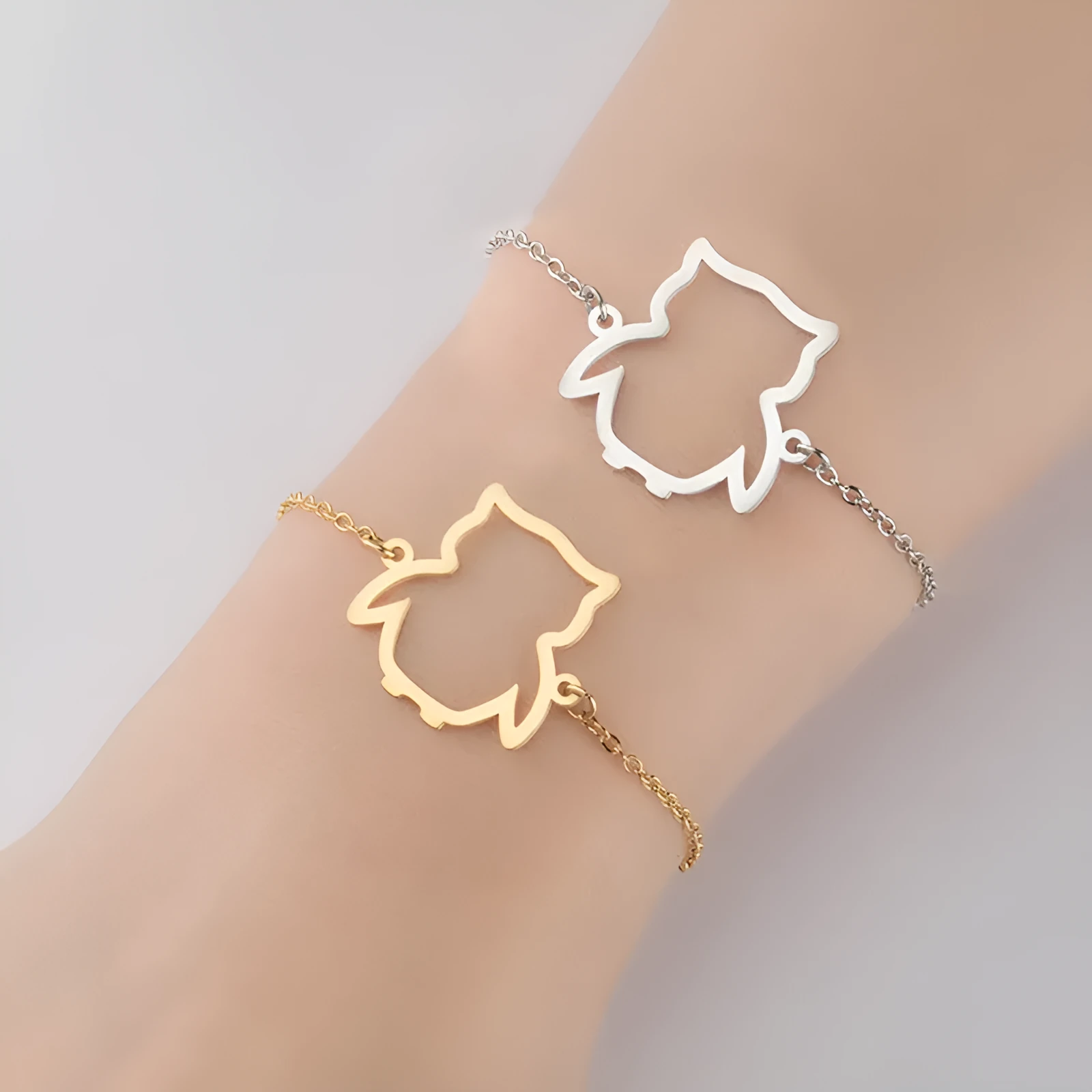 Cut small animal hollow owl pendant simple bracelet for women stainless steel gold colour