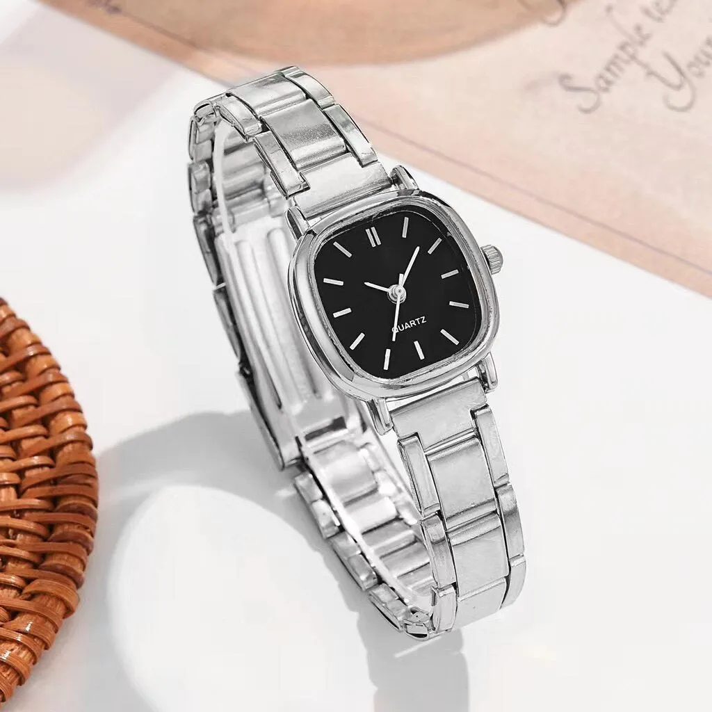 Women's alloy square Roman quartz watch, 10mm thin, silver case with white screen and Roman numerals