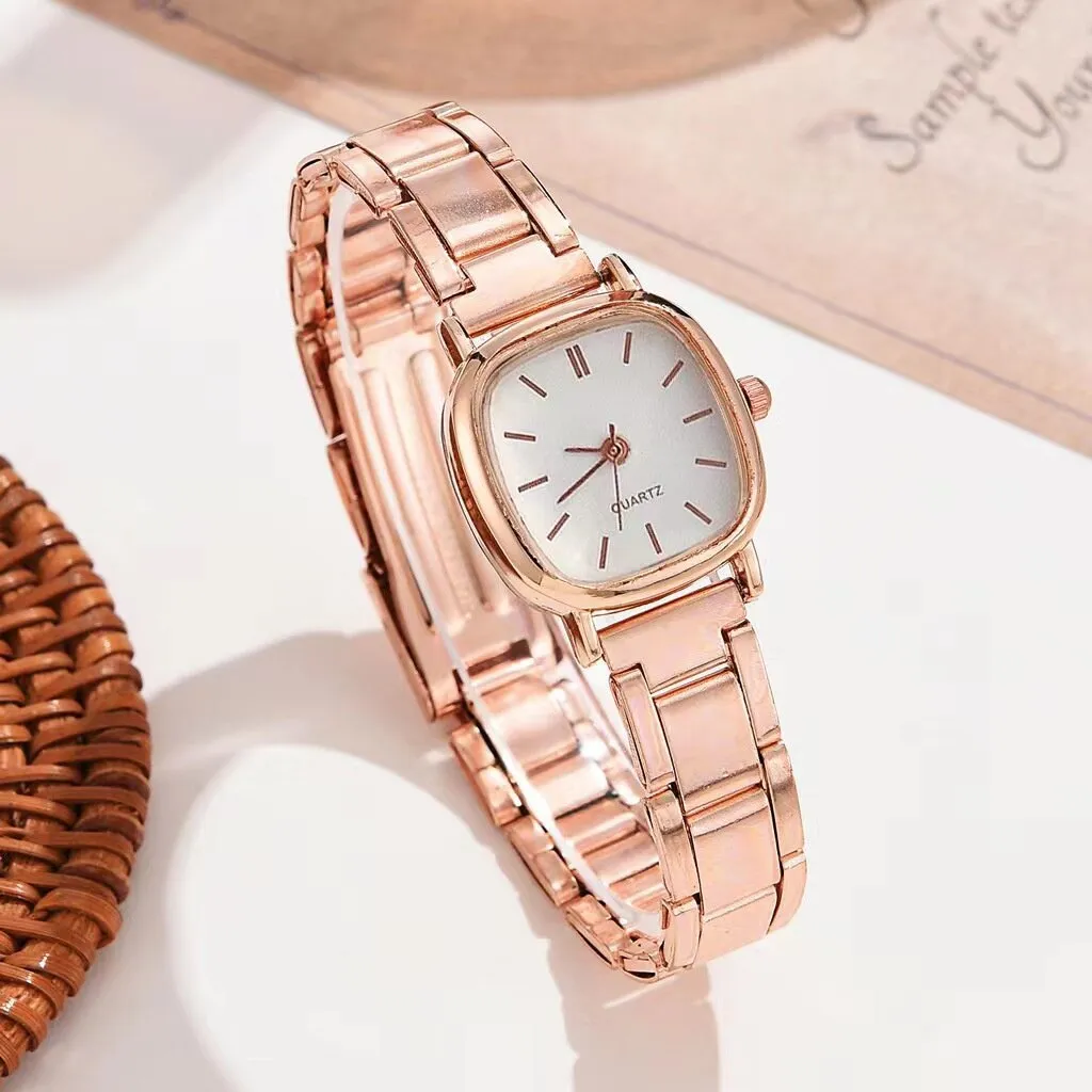 Women's alloy square Roman quartz watch, 10mm thin, silver case with white screen and Roman numerals