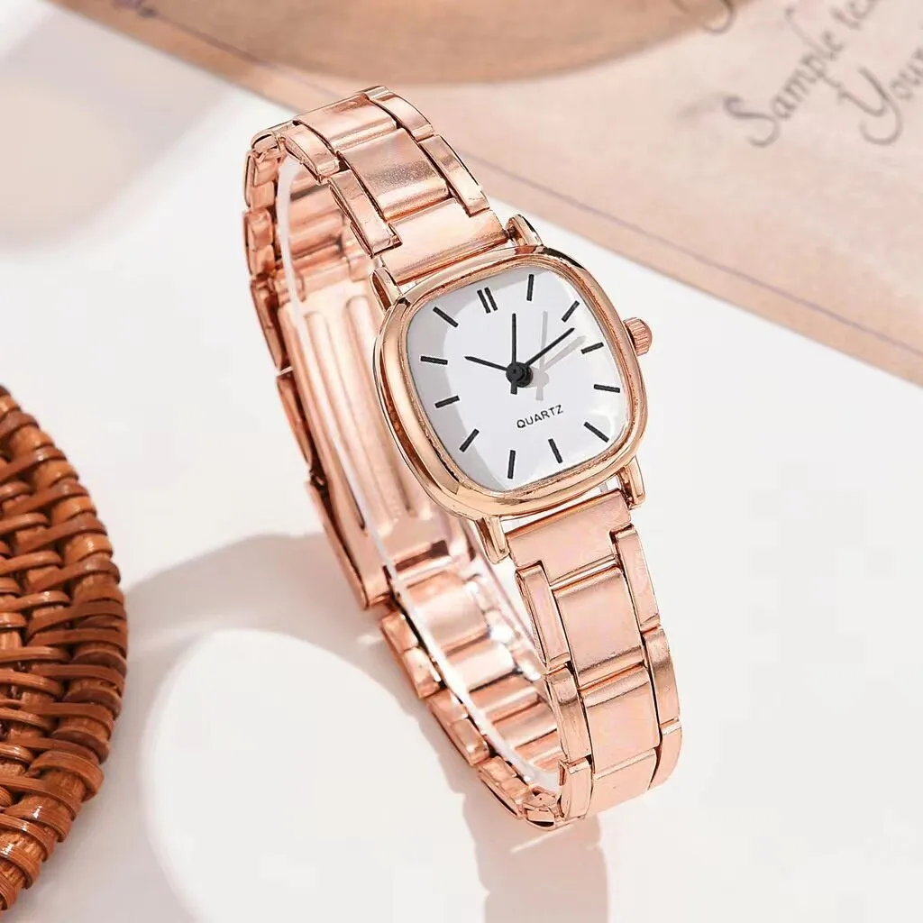 Women's alloy square Roman quartz watch, 10mm thin, silver case with white screen and Roman numerals