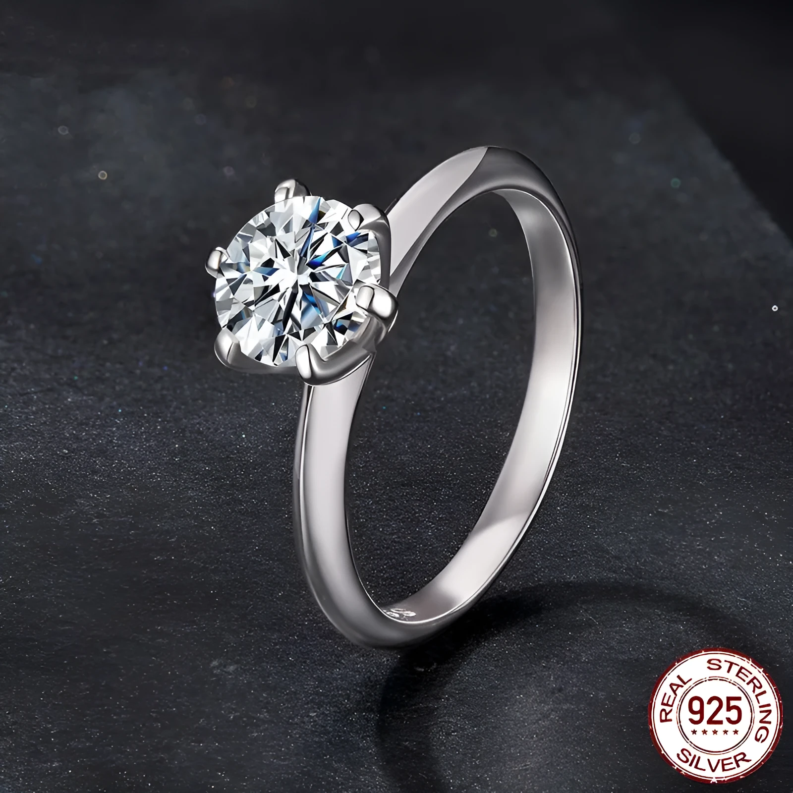 Simple classic 6 claw 1 karat moissanite ring in silver on white background, US size 7