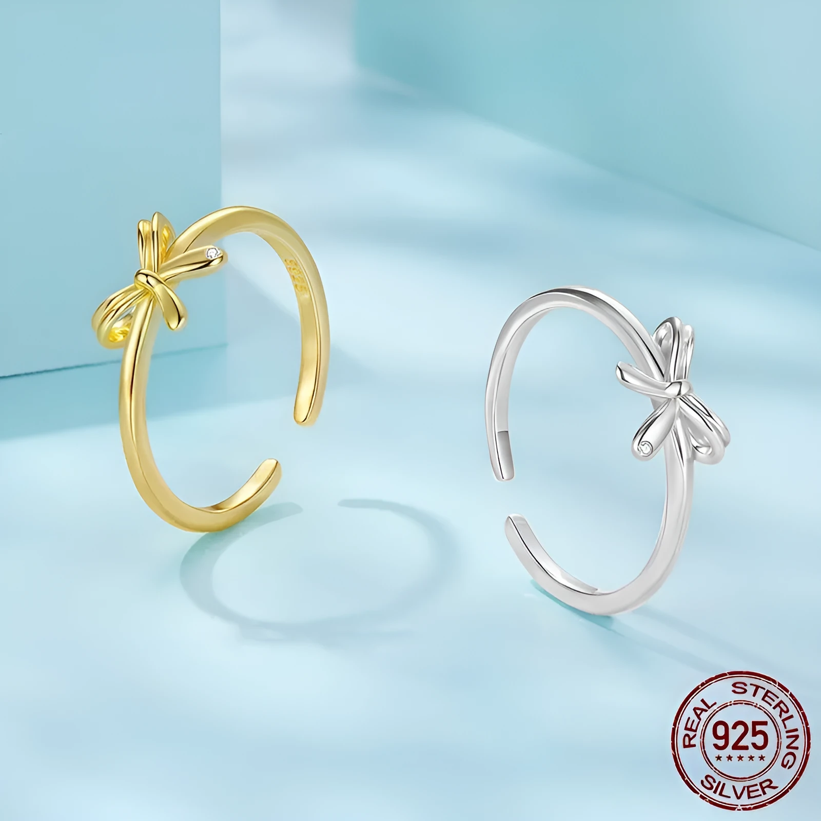 S925 sterling silver bow open ring with adjustable opening in silver finish