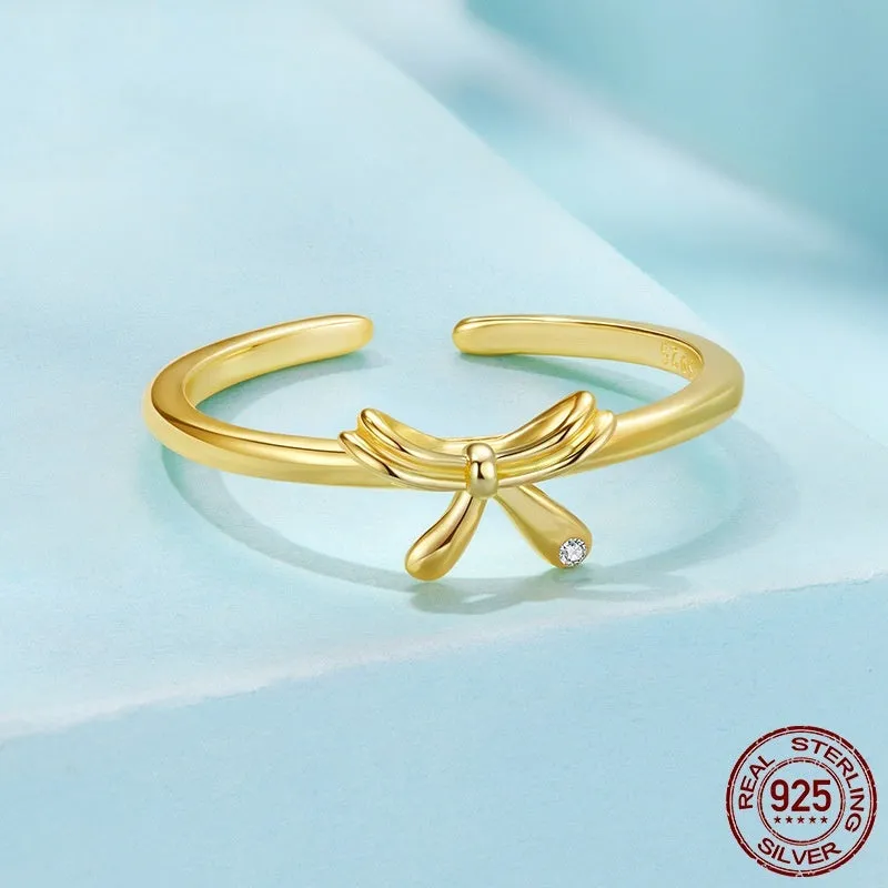 S925 sterling silver bow open ring with adjustable opening in silver finish