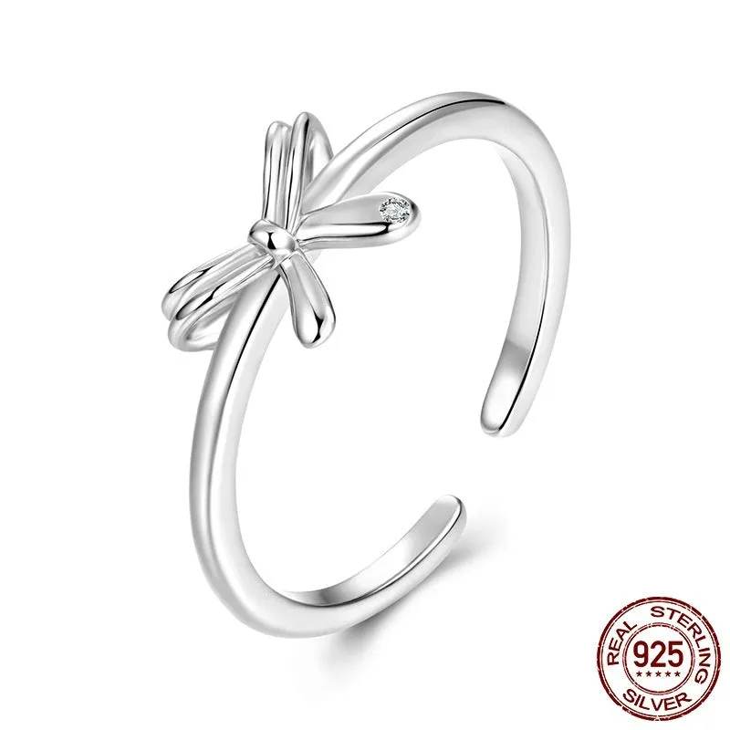 S925 sterling silver bow open ring with adjustable opening in silver finish