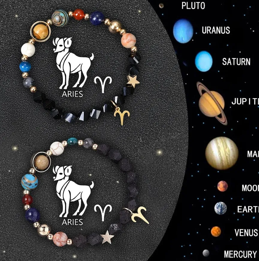 Set of two natural stone beaded bracelets with zodiac charms on an adjustable fastening.