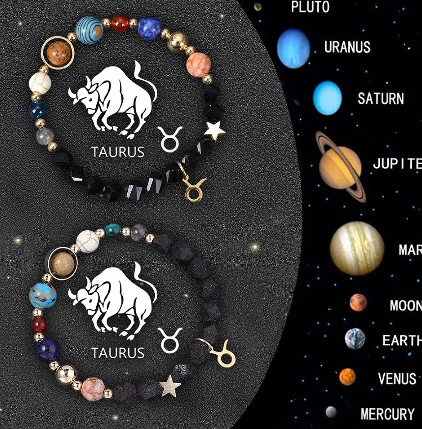 Set of two natural stone beaded bracelets with zodiac charms on an adjustable fastening.
