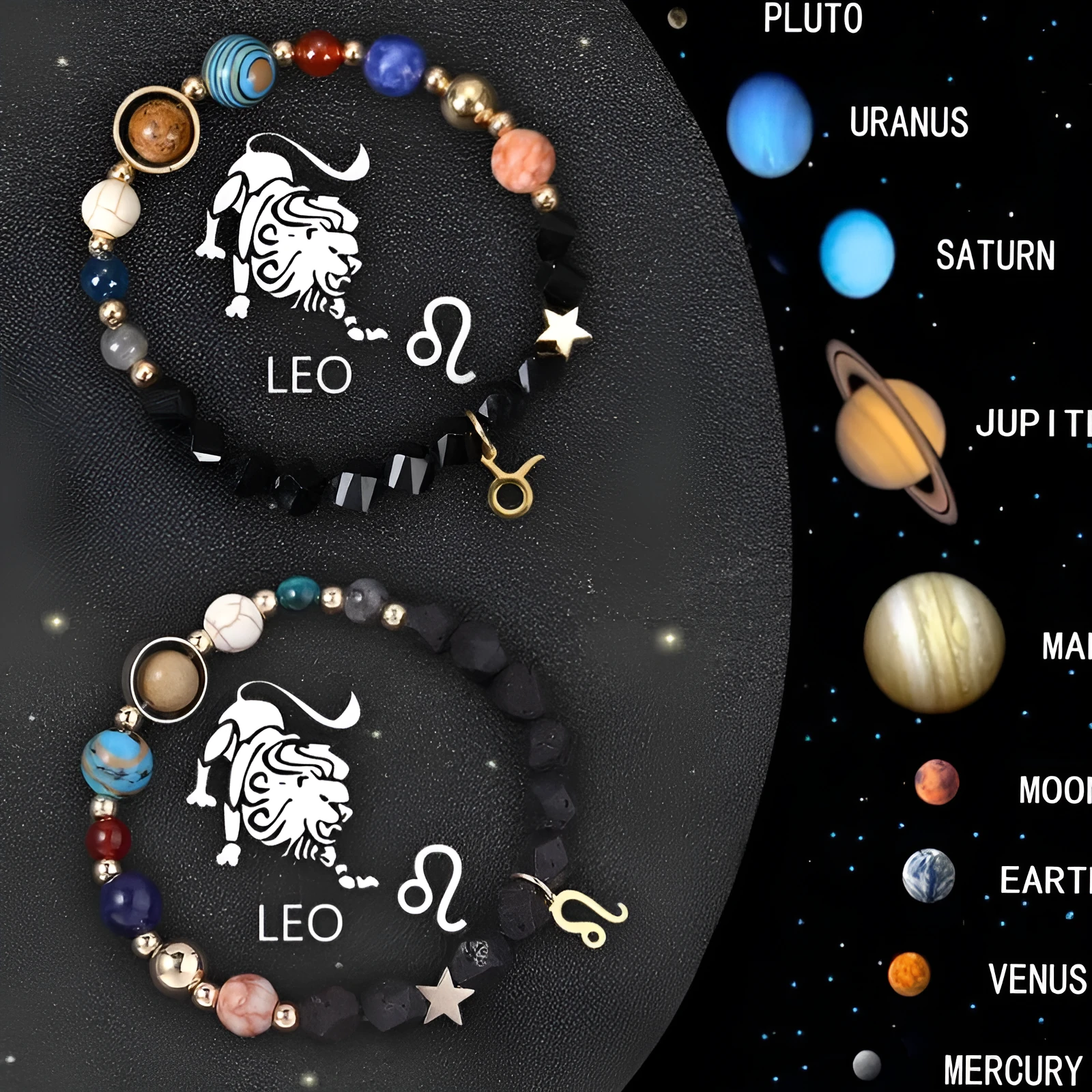 Set of two natural stone beaded bracelets with zodiac charms on an adjustable fastening.