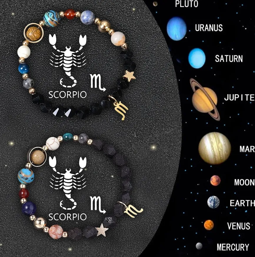 Set of two natural stone beaded bracelets with zodiac charms on an adjustable fastening.