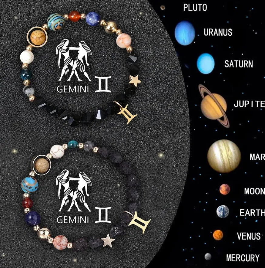 Set of two natural stone beaded bracelets with zodiac charms on an adjustable fastening.