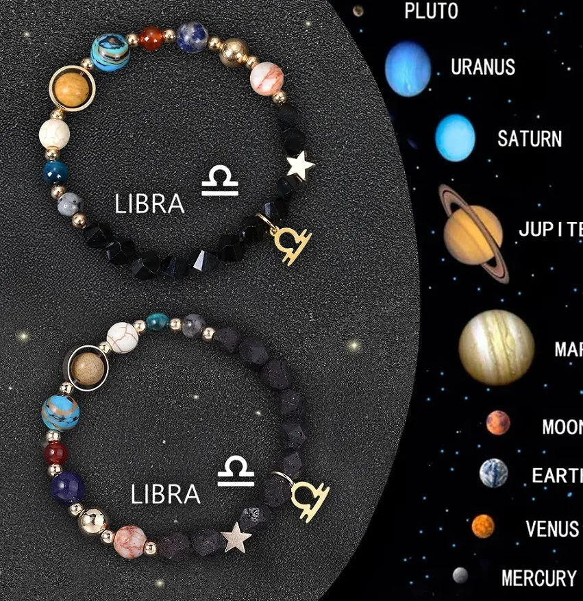 Set of two natural stone beaded bracelets with zodiac charms on an adjustable fastening.