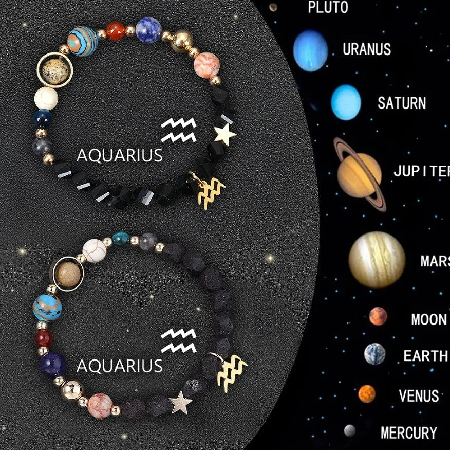 Set of two natural stone beaded bracelets with zodiac charms on an adjustable fastening.