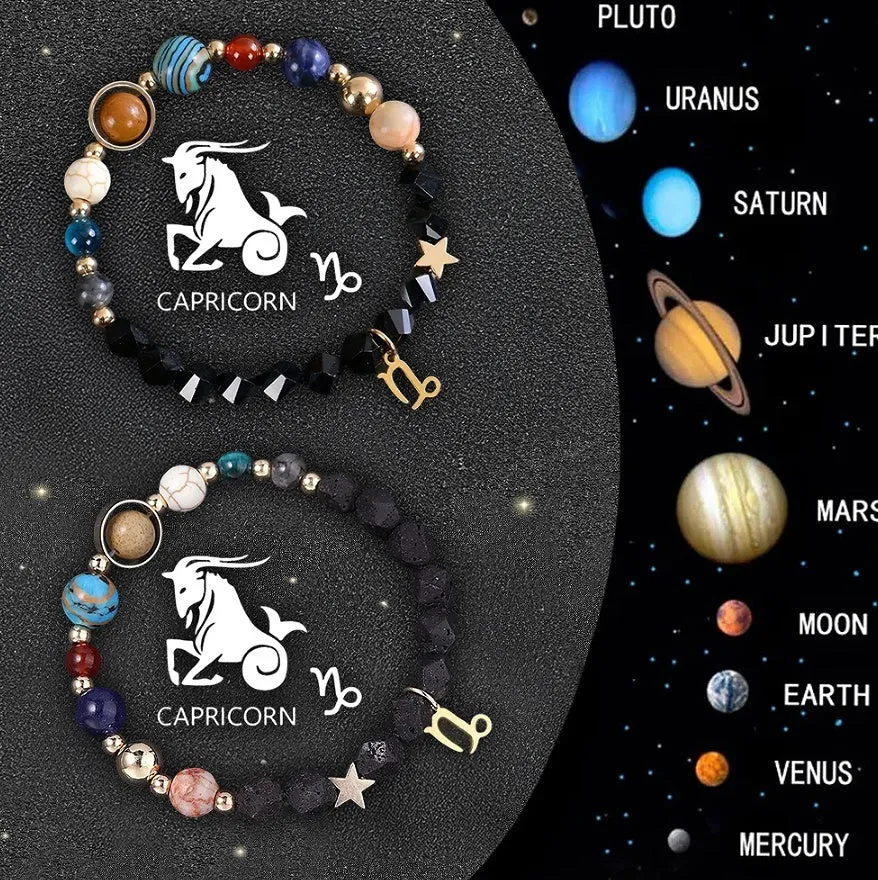 Set of two natural stone beaded bracelets with zodiac charms on an adjustable fastening.