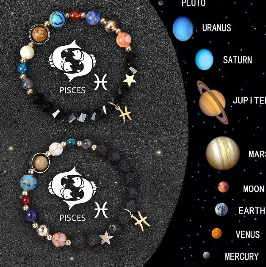 Set of two natural stone beaded bracelets with zodiac charms on an adjustable fastening.